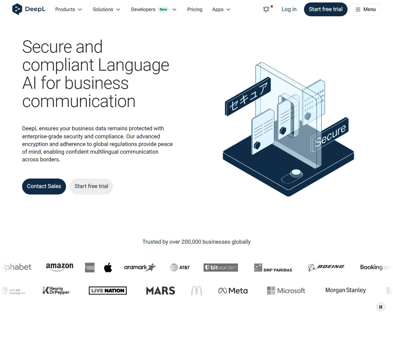 DeepL enterprise security page headlined Secure and compliant Language AI for business communication, above a customer logo wall and the line Trusted by over 200,000 businesses globally